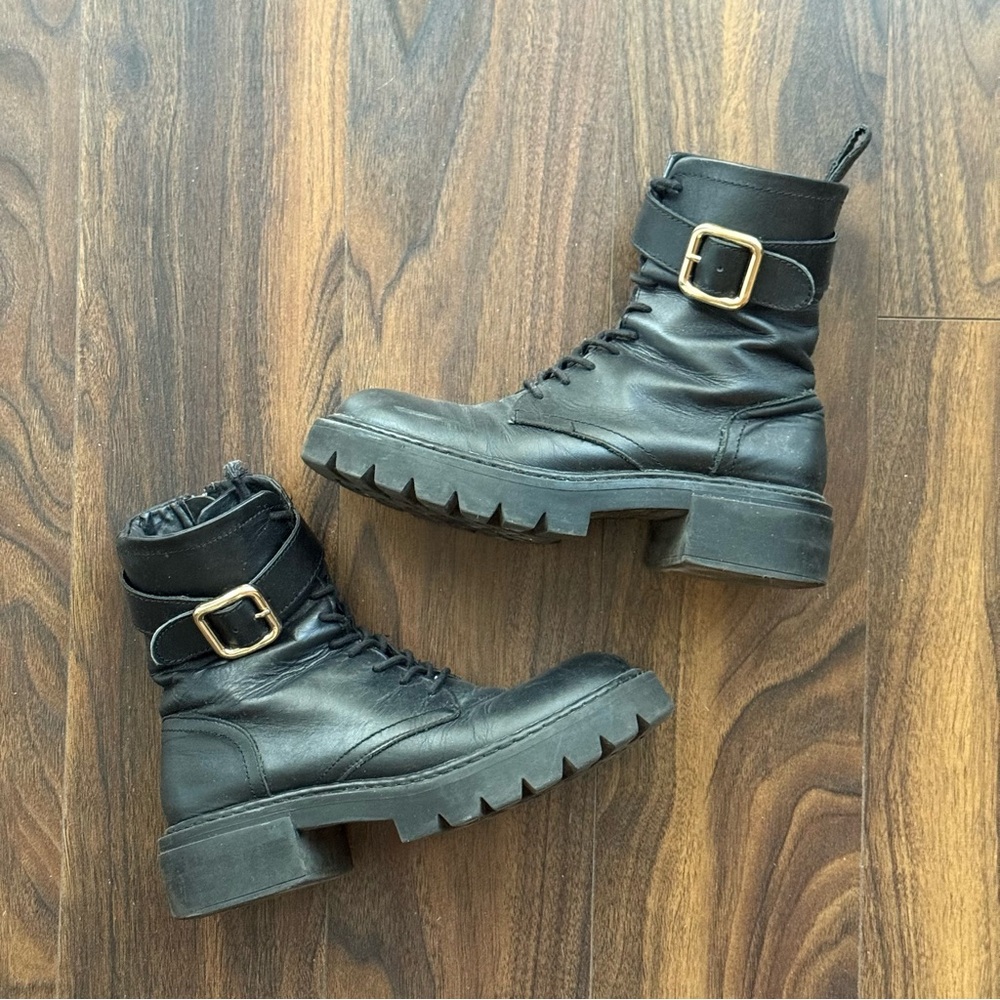 Zara Black Leather Combat Boots with Buckle Size 7.5